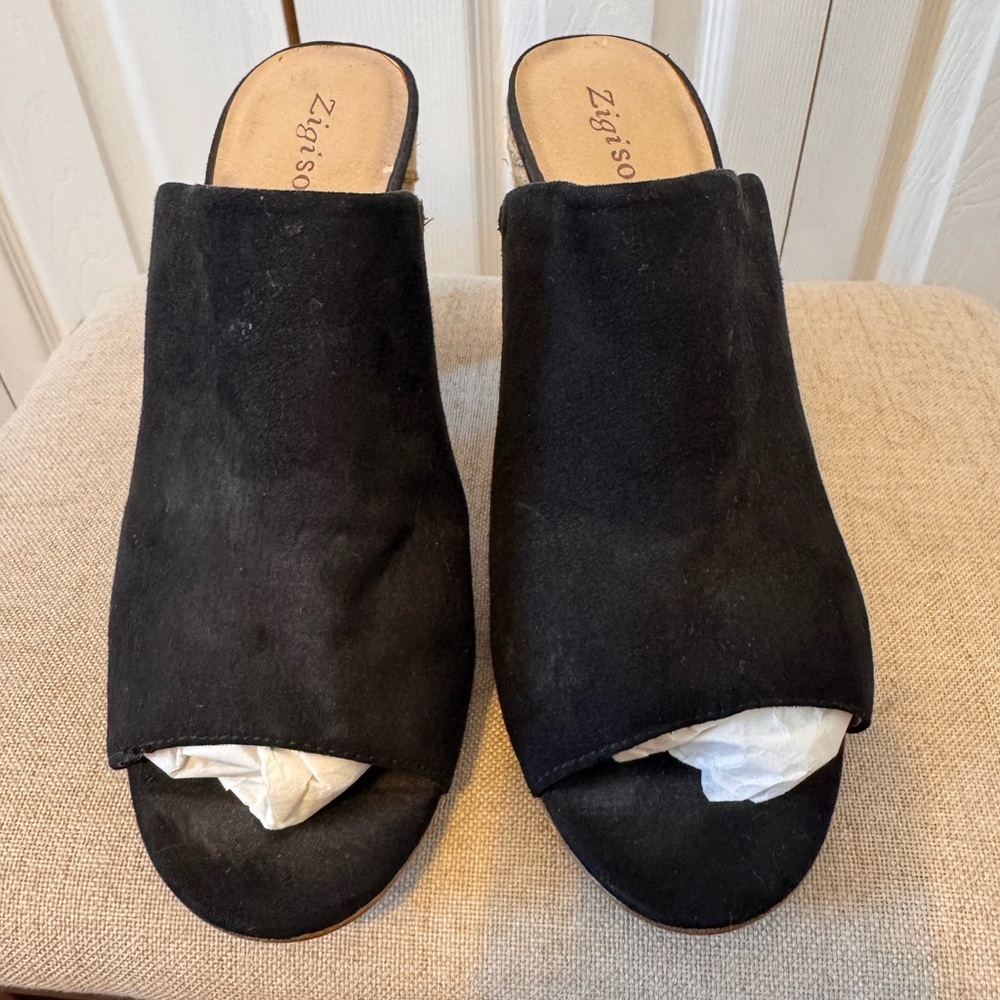 Zigi Soho Black Open Toe Slip On Mules Wrapped Woven Block Heel Size 9.5 - Picture 4 of 9